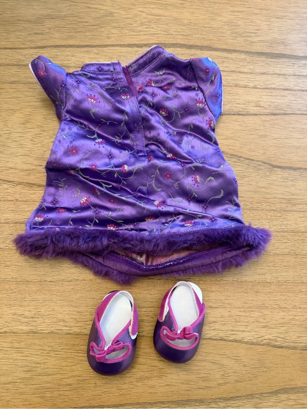 American Girl Purple Floral Satin Doll Dress with Matching Shoes